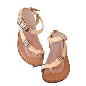 Bar III Verna Open Toe Casual Strappy Flat Sandal Beige Size 8.5M Silver Accents